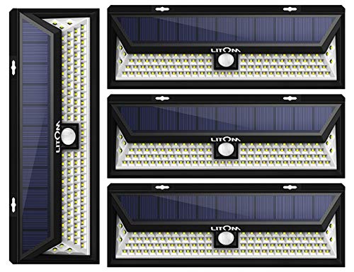 LITOM Enhanced 102 LED Super Bright Solar Lights Outdoor, Solar Motion Sensor Lights with 270&deg;Wide Angle, IP65 Waterproof, Easy-to-install Security Lights for Front Door, Yard, Garage, Deck(4 Pack)