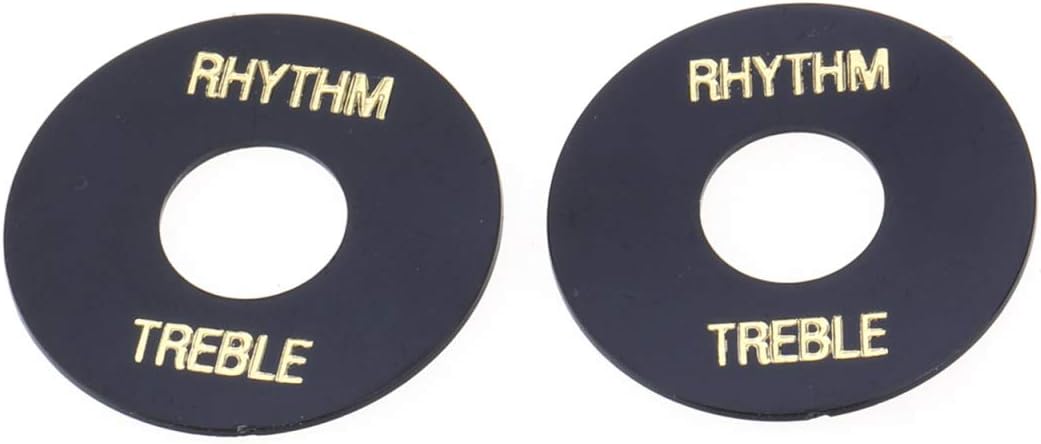 Musiclily Pro Self Adhesive Guitar Toggle Switch Plate LP Washer Rhythm Treble Ring, Black with Gold Words (Set of 2)