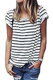 Women's Round Neck Black and White Striped Short Sleeve Shirt Top