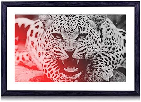 80cmx60cm 木製の黒色のフォトフレーム ヒョウの攻撃性の歯の顔 壁掛け 壁飾り 壁ポスター おしゃれ ウォールアート アートパネル 壁の絵 インテリア絵画 額縁 部屋飾り 装飾画