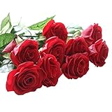 Lovemat 12 PCS Real Touch Latex PU Roses Artificial Flowers for Wedding Home Decor (red)