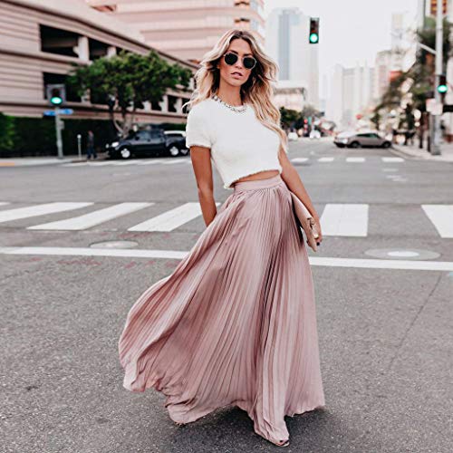 Tantisy ♣↭♣ Women Fashion Pleated Long Skirts Simple Solid Dress High Waist Fold Ladies Sexy Skirts Pink - Thumbnail 3