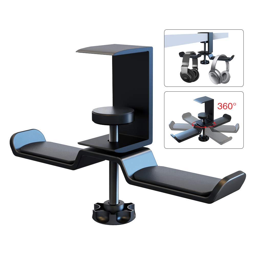 6amLifestyle Dual Headphone Hook, 360° Rotating Gaming Headphone Hook Under Desk Headset Holder Space Save Desk Hook Clamp with Cable Clip Universal for All Wireless or Wired Headphones