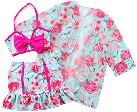 Hotwon 3PCS Baby Girl Flower Swimsuit Kids Girl Bathing Suit Bow Tops+Skirt+Cover-up Toddler Girl Bowknot Swimwear Beachwear (Rose Light Green, 6-7T)