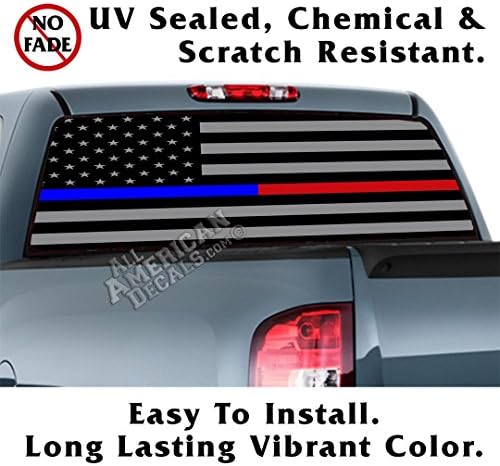 All American Decals - Non-Lam Thin Blue Line &amp; Thin Red Line Tactical American Flag Forward Facing Back Window Graphic Decal Sticker Car Truck SUV Van - Non-Laminated - 65x22