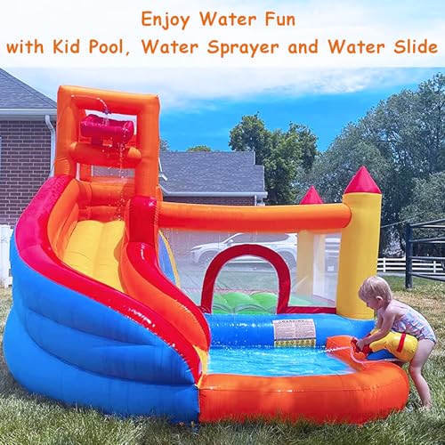 HuaKastro Inflatable Water Slide Bouncy Castle for Kids with Pool, 5-in-1 Indoor/Outdoor Blow Up Play Center for Climbing, Sliding, Jumping & Splashing Fun, Blower Included