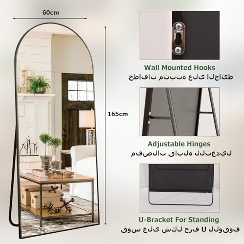 BEAUTYPEAK Full Length Mirror 165x60cm Large Arch Floor Mirror with Stand Arched Full Body Mirror Standing Hanging or Leaning Wall for Bedroom/Entryway, Black