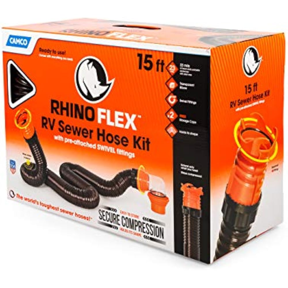 Camco RhinoFLEX Sewer Hoses 15ft RV Kit, Includes Swivel Fitting And