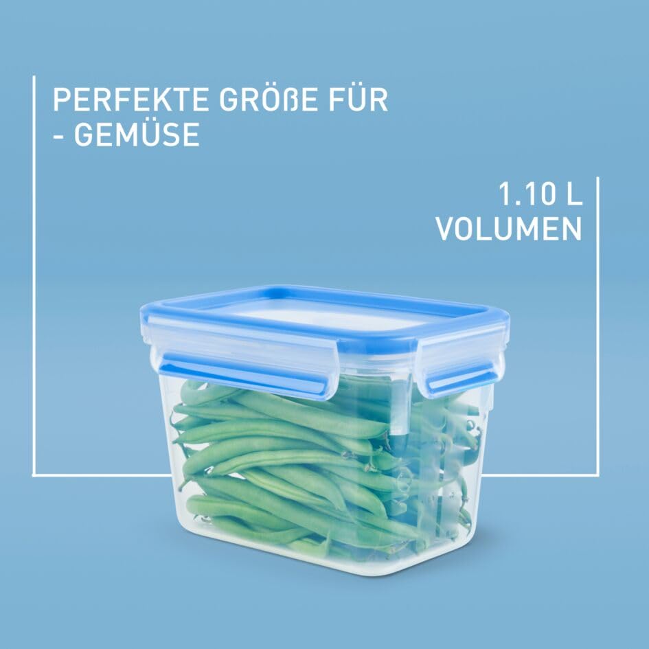 EMSA Clip & Close Frischhaltedose, rechteckig, 1,1 L, mit Deckel, Aufbewahrungsbox, 100 Prozent dicht, spülmaschinen-, gefrier-, mikrowellenfest, Transparent, Blau, Made in Germany, 508541 3