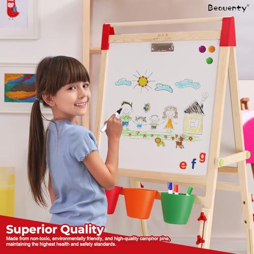 Beauenty Kids Art Easel, Double-Sided Whiteboard & Chalkboard, Wooden Standing Easel with Storage Bins, Includes Magnets, Chalk, Markers, Stickers, 68-120cm Height (Style 1)