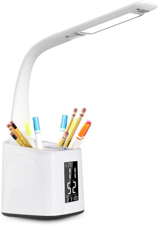 Donewin Dimmable LED Desk Lamp,LCD Screen with Calendar&Alarm&Thermometer,Pen Holder,Eye-Caring Study Lamp of Student/Children/Worker,Office Lamp with USB Charging Port,5V,White