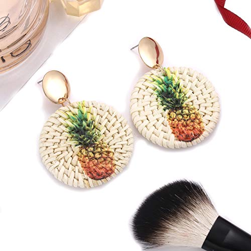 CEALXHENY Rattan Earrings Straw Wicker Braid Earrings Tropical Fruit Print Drop Dangle Earrings Handmade Statement Earrings for Women Girls (Pineapple)