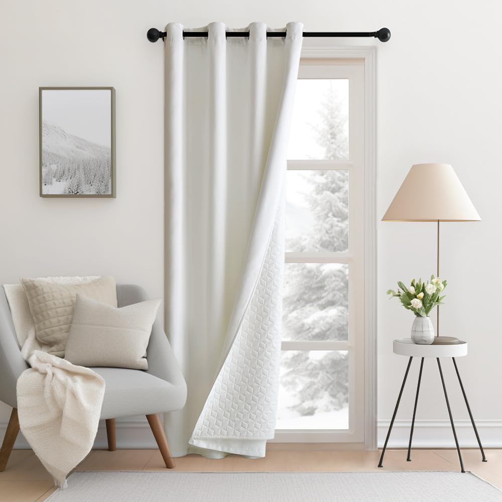 MIULEE Thermal Door Curtain for Winter Heavy Duty 52x88 Inch, Eyelet Blackout Thermal Curtain with Thick Quilted Lining, Double-Layer Cold Resistant Draft Excluder Curtains Winter, 1 Panel, white