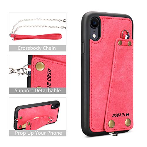 JISON21 iPhone XR case with Lanyard,iPhone XR Case Crossbody Chain with Credit Card Holder Slot Adjustable Detachable Strap Leather Case for Apple iPhone XR 6.1 inch 2018 … (Red)