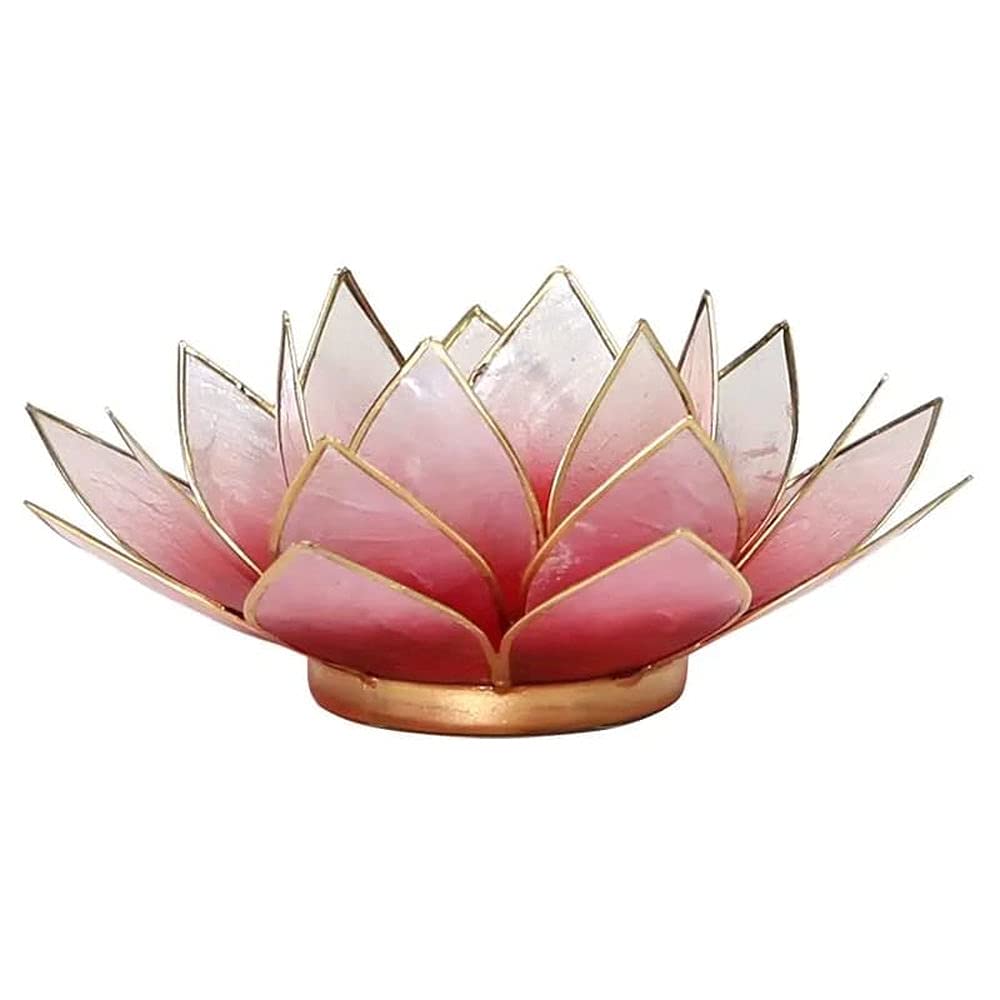 Lotus T Light Candle Holder - Rose/Red, 13.5cm. Made of Capis Shell with Gold Coloured Metal Trim(Tea.light candle not included).