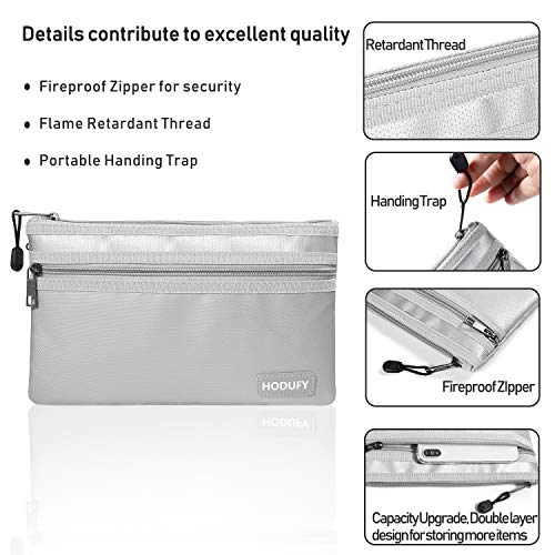 Hodufy Fireproof Money Bag, 10.6"x6.7" Upgrade Double Layer Waterproof and Fireproof Cash Bag, Fire Resistant Safe Storage Pouch with Zipper for A5 File Folder,Document, Bank Deposit,Passport,Jewelry