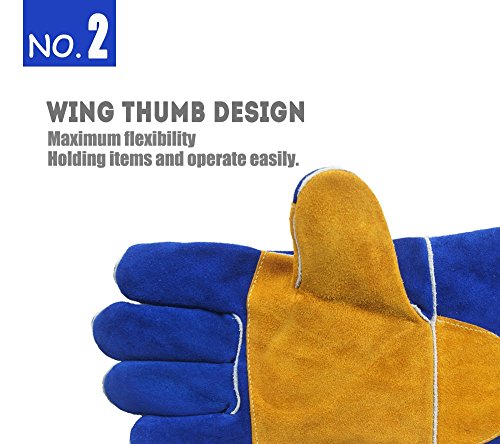 QeeLink Welding Gloves - Heat Resistant & Wear Resistant Lined Leather Fireproof Stitching Tig/Mig Welders/Fireplace/BBQ/Gardening/Grilling/Stove (16-inch, Blue)