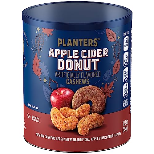 PLANTERS APPLE CIDER DONUT CASHEWS, COOKING & BAKING NUTS & SEEDS, FLAVORED CASHEWS, FALL SNACKS, CASHEW, PARTY SNACK, PLANT-BASED PROTEIN, 12.5 OZ CANISTER