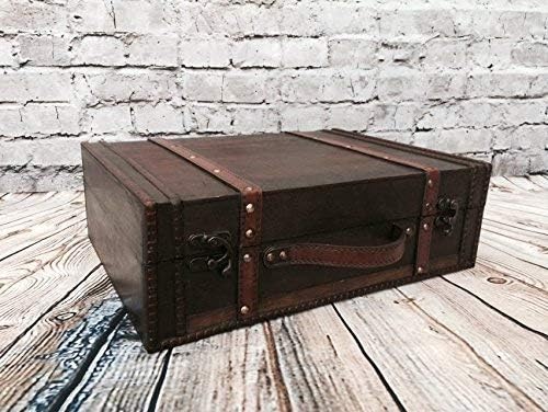 Treasure Chest Suitcase Memory Box Organiser Wooden Pirate Storage Box with Lid Antique Wood Vintage Style Trunk Wedding Card Holder Home Office Decorative Accessories