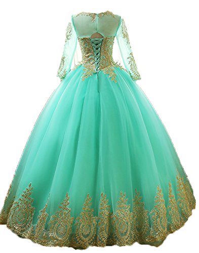 BessDress Long Sleeves Evening Dresses Gold Lace Applique Homecoming Dresses BD084