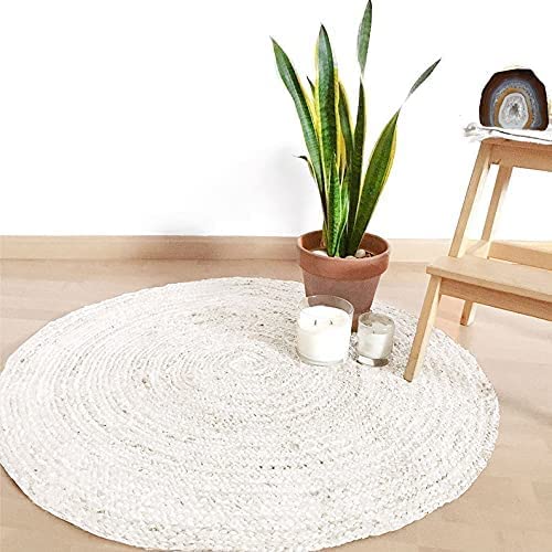 Avgari Creation Round 100% Natural Color Dye Hand Braided Living Room , Kitchen , Indoor Outdoor Garden Area Rug Carpet (120x120 CM (4x4 Square Feet), White), ColorDyeRug