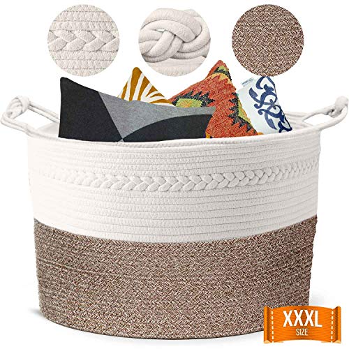 Piper and Olive Large Woven Basket - Large Baskets for Blankets - Extra Large Storage Baskets Woven - Large Blanket Basket Living Room - Cotton Rope Basket - Toy Basket - XXXL 22" x 22" x 14"