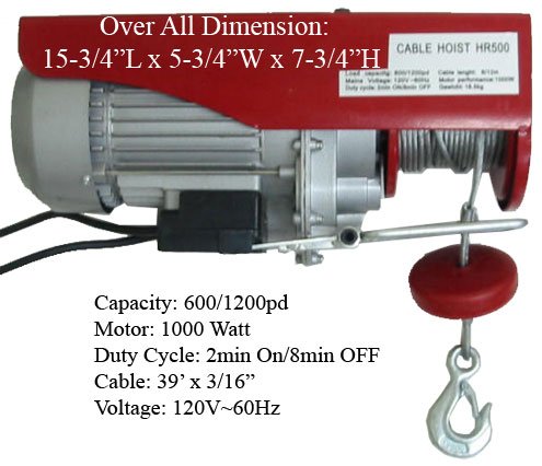 1200 LB Electric Rope Hoist Lift 800 - 1000 Watt