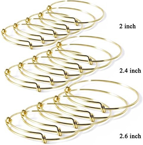 (2'',2.4'',2.6'',Each 5 pcs) 15pcs Expandable Wire Blank Bangle Bracelet for DIY Jewelry Making,Gold-tone - For Easily Pick