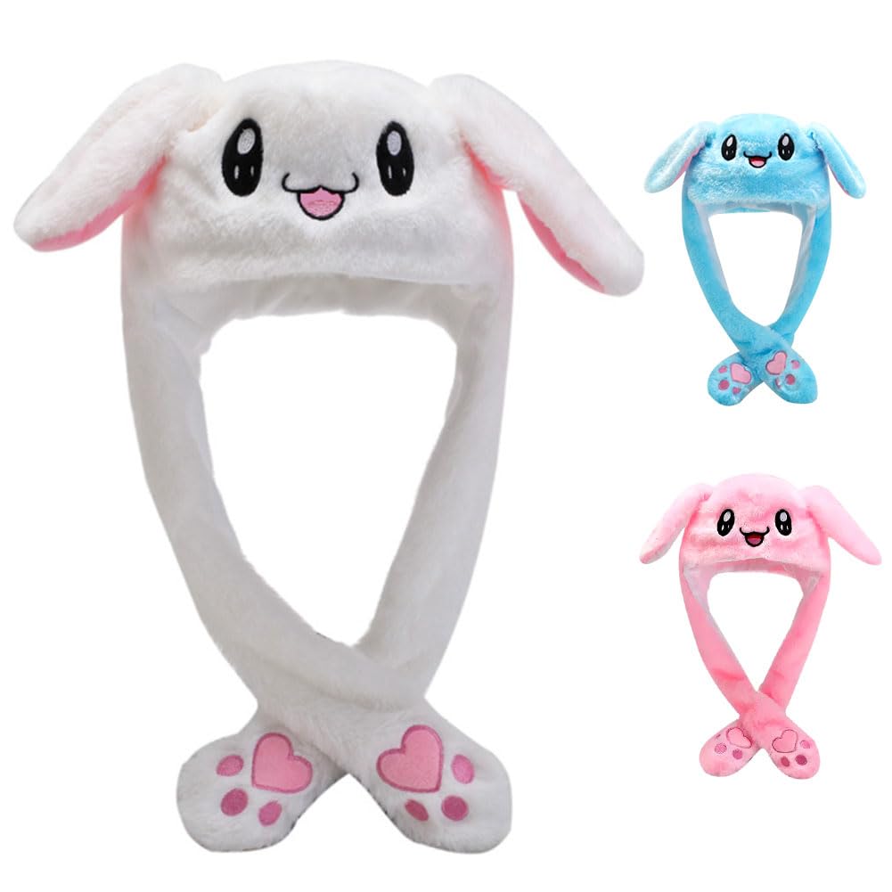 ZesGlyxyr Bunny Hat with Moving Ears, Soft Plush Ears, Hats with Moving Ear, Animal Hat and Jumping, Funny Plush Cap, Halloween Christmas Carnival Birthday Cosplay Dress up Party Gift (White)