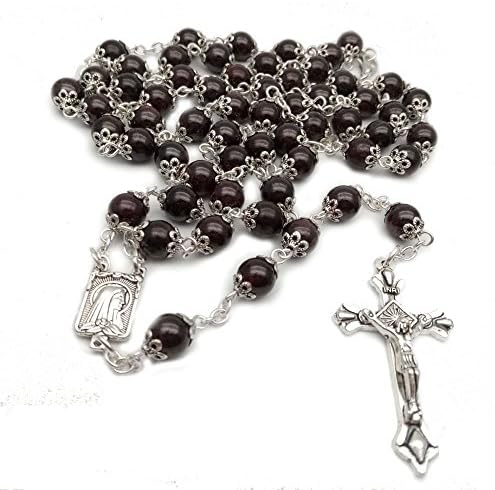 Catholic The Rosary Dark Red Garnet Beads with Metal Cup Necklace Cross Medal 8MM