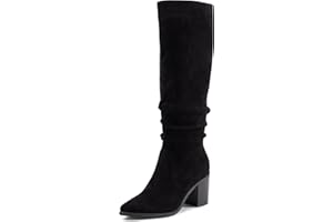 Athlefit Womens Knee High Chunky Heel Boots Faux Suede Pointed Toe Side Zipper Boots