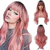EMMOR Long Ombre Pink Wig for Women - Natural Curly Hair Synthetic Wigs With Bang Dark Root, Party Cosplay Daily Use (2pcs Free Wig Cap)