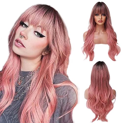 EMMOR Long Wavy Pink Ombre Wig with Bangs - Curly Synthetic Wig - Heat Resistant - Natural Brown Root