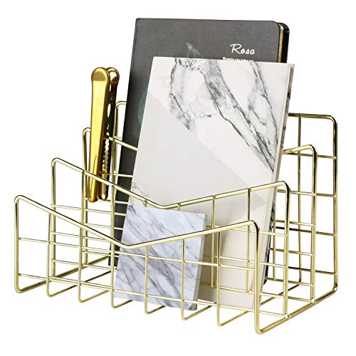 Simmer Stone 3 Slot Letter Holder, Multifunctional Desk Wire Letter Sorter, Decorative File Storage Organizer for Postcard, Mail, Brochure and Notebook, Gold