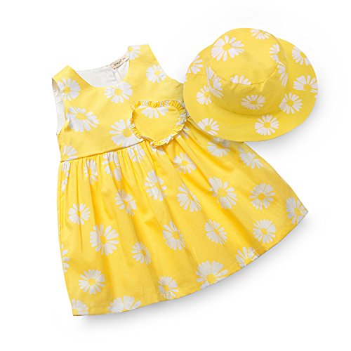 pipi bear Toddler Baby Girls Sleeveless Dress Casual Floral Sundress with Hat (90 (2 Years), Yellow)