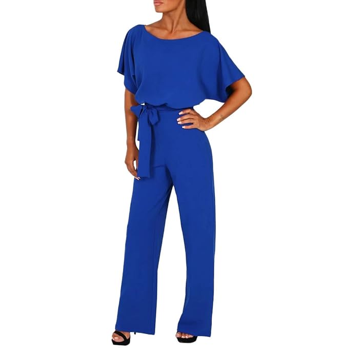 Battnot Damen Jumpsuit mit Gürtel Rundhalsausschnitt Elegant Sexy, Frauen Overalls Business Kurzärmliger Clubwear Gerade Gesc