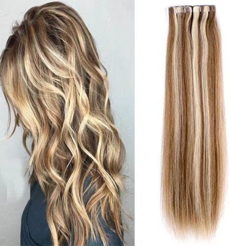 20" Tape in Hair Extensions Adhesive Skin Weft Tape in Hair Extensions Ombre Balayage Hair Color #8 Light Brown Fading to #613 Bleach Blonde 40g 20 Pcs Per Package