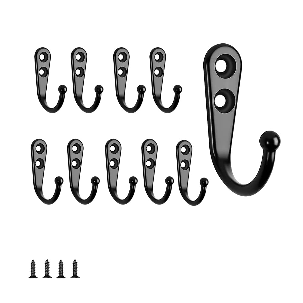 JINXM 10pcs Single Hooks Black Wall Hooks Coat Hook Black Equipped with Mounting Screws