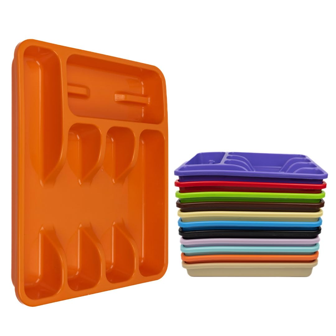 ECO Plastic Large Cutlery Drawer Organiser | 6 Compartment Cutlery Tray for Drawers | Multi Color Cutlery Trays for Kitchen Drawers | Kitchen Drawer Organiser for Forks, Spoons & Knives (Orange)