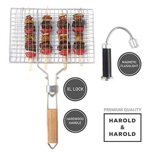 Harold & Harold BBQ Portable Grilling Basket Folding with Magnetic Grill Light and Removable Handle for Fish, Vegetables, Steak, Shrimp or Kabobs. Outdoor Grill Basket with Barbecue Grill Light