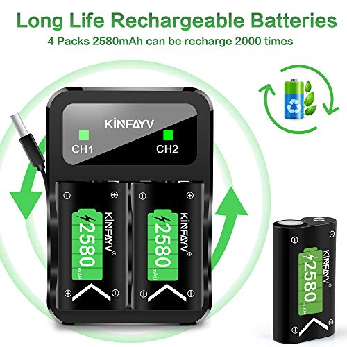 KINFAYV Xbox One Battery Pack 4 x 2580mAh Rechargeable Controller Battery and Charger Compatible with Xbox One/Xbox One S/Xbox One X/Xbox One Elite Wireless Controller