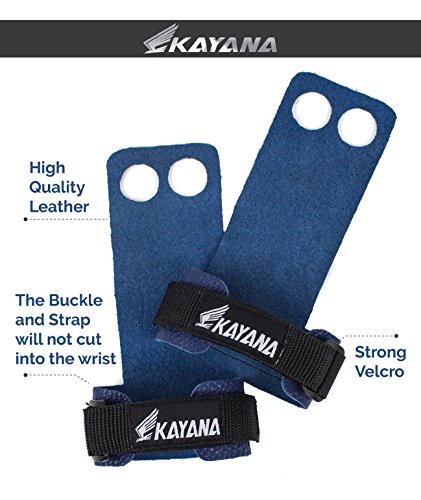 KAYANA Leather Gymnastics Hand Grips - Palm Protection and Wrist Support for Cross Training, Kettlebells, Pull ups, Weightlifting, Chin ups, Workout, Exercise (Blue, Medium)
