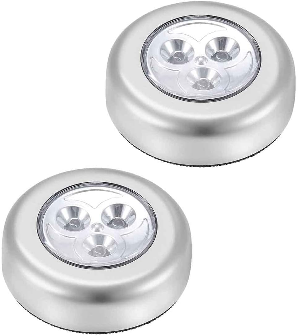 Ultra Bright LED Push Plastic Lights, (6.5cm x 6.5cm x 2cm) Pack of 2 - Battery Operated, Ideal for Cupboards, Garages, Under-Shelf Lighting, White