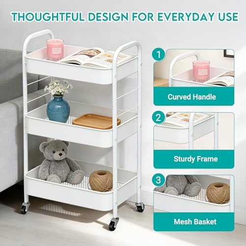 ZOESTORAGE 3 Tier Rolling Cart Metal Storage Cart with Wheels for Home, Bathroom, Kitchen, Laundry, Office and Rolling Cart Kitchen for Books, Vegetables and Snacks, White
