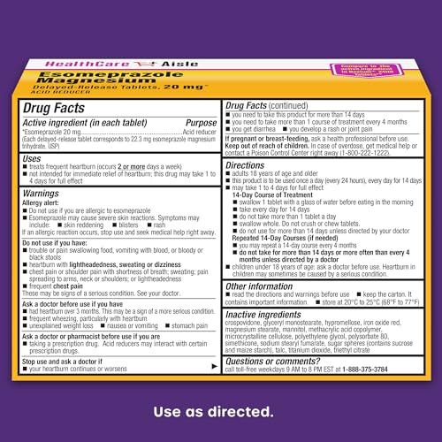 HEALTHCAREAISLE ESOMEPRAZOLE MAGNESIUM DELAYED-RELEASE TABLETS, 20MG – 42 COUNT – ACID REDUCER, PROVIDES HEARTBURN RELIEF