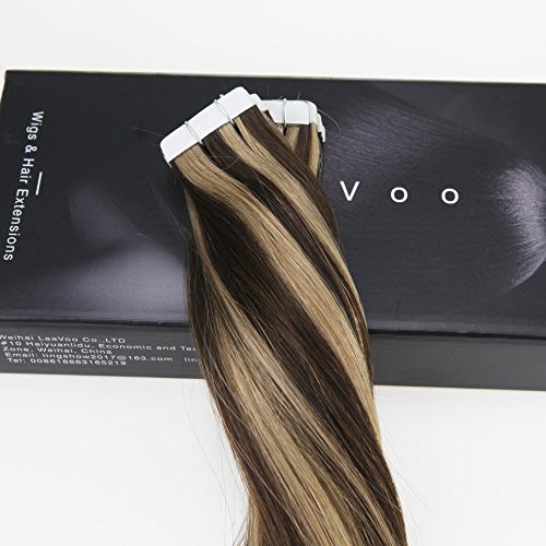 LaaVoo 18 inch Silky Straight Skin Weft Human Hair Extensions Piano Color #4 Dark Brown to Color #18 Ash Blonde PU Remy Human Hair Extension 50Grams Per Package