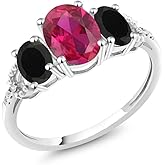 Gem Stone King 10K White Gold Red Created Ruby Black Onyx & Diamond Accent 3-Stone Engagement Ring | 1.98 Cttw | 3 Stone Wedding Engagement Anniversary Promise Ring For Women