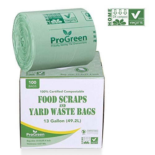 ProGreen 100% Compostable Bags 13 Gallon, Extra Thick 0.87 Mil, 100 Count, Small Kitchen Trash Bags, Food Scraps Yard Waste Bags, Biodegradable ASTM D6400 BPI And VINCOTTE Certified