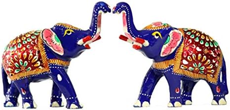 Crafticia Craft Rajasthani Handicraft Traditional Cast Iron Elephant Statue Pair Meenakari Art Work Home Decor Beautiful Decorative Gift Item Special Sale New Creative Blue Showpiece figurine