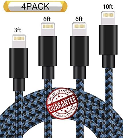 Zcen Lightning Cable 4Pack 3FT 6FT 6FT 10FT Nylon Braided Certified iPhone Cable USB Cord Charging Charger for iPhone X,8, 7, 7 Plus, 6, 6s, 6+, 5, 5c, 5s, SE, iPad, iPod, iPod Touch Black Blue